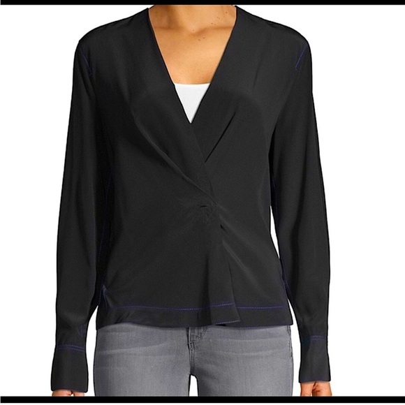 RAG & BONE Shields Silk Drape Front Long Sleeve Blouse M Black Blue Stitching - Picture 1 of 11